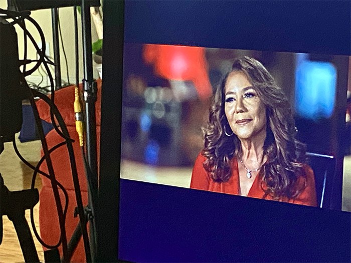 Production monitor showing an interview subject